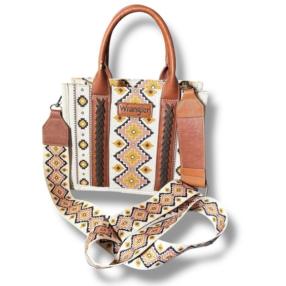 Wrangler Aztec Southwest Tapestry Tote Canvas & PU Leather Boho Western Satchel - Picture 1 of 6